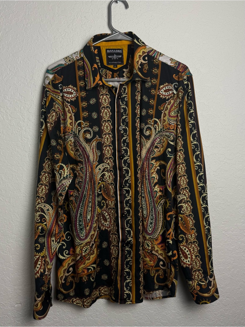 BARABAS XL Rhinestone Baroque Print Button Down Shirt Black Gold